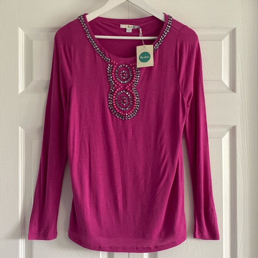 NWT Boden Long Sleeve Embellished Tee Shirt in Mulberry - Size 10